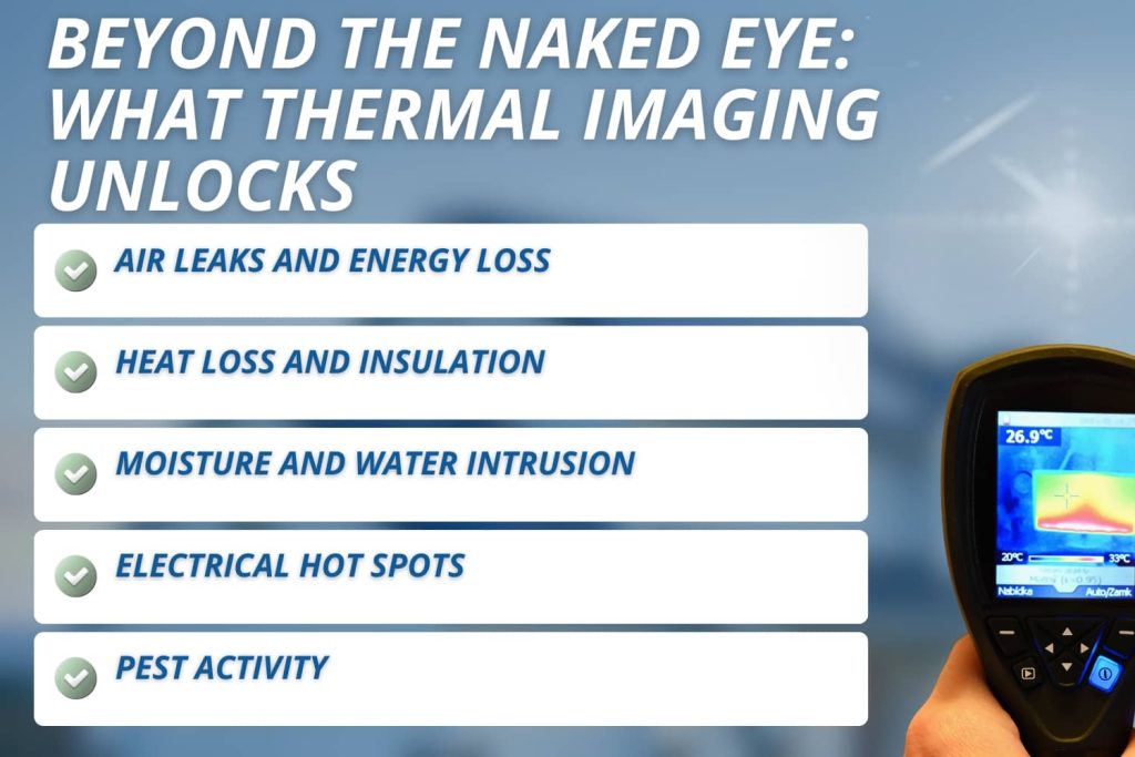 An infographic titled "Beyond the Naked Eye: What Thermal Imaging Unlocks" that lists five key issues detected by infrared cameras, including air leaks, heat loss, moisture intrusion, electrical hot spots, and pest activity.
