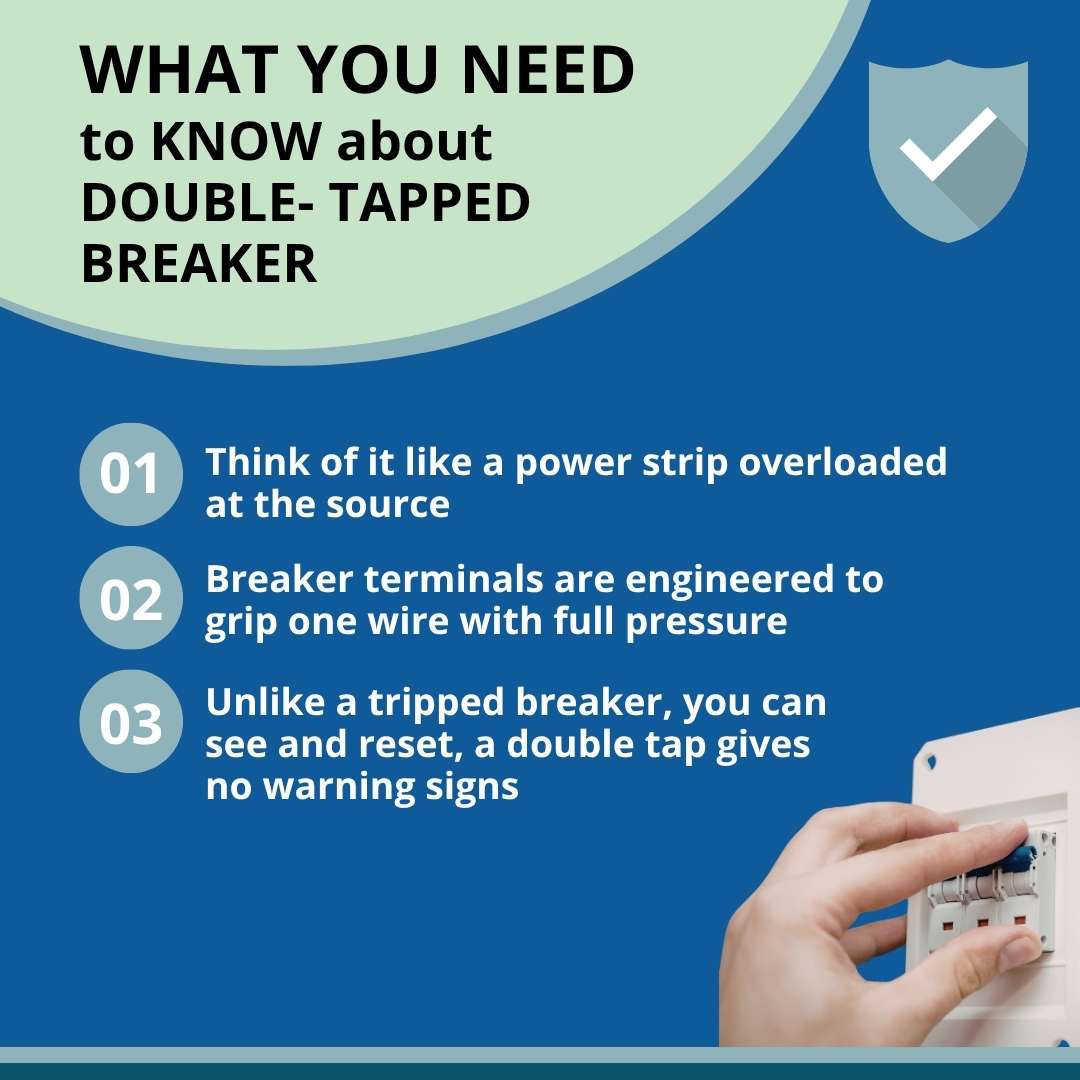 Close-up of a double tapped breaker inside a residential electrical panel
