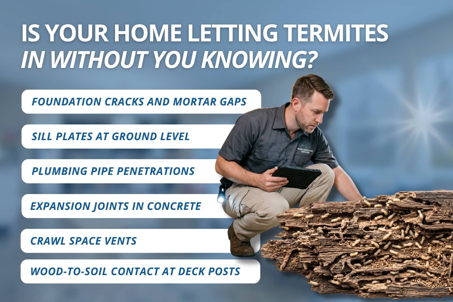 Illustration showing 6 common entry points subterranean termites use to invade Greater Boston homes, including foundation cracks, sill plates, and crawl space vents.
